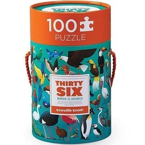 Crocodile Creek puzzelverpakking met 100 stukjes en afbeeldingen van vogels.