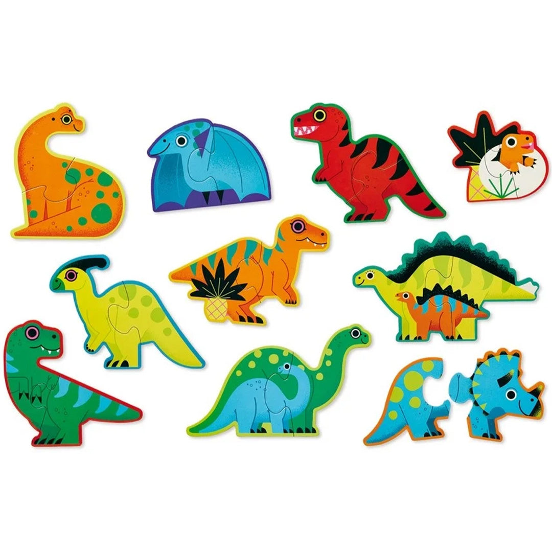 Tien kleurrijke contourpuzzels van verschillende dinosaurussen.