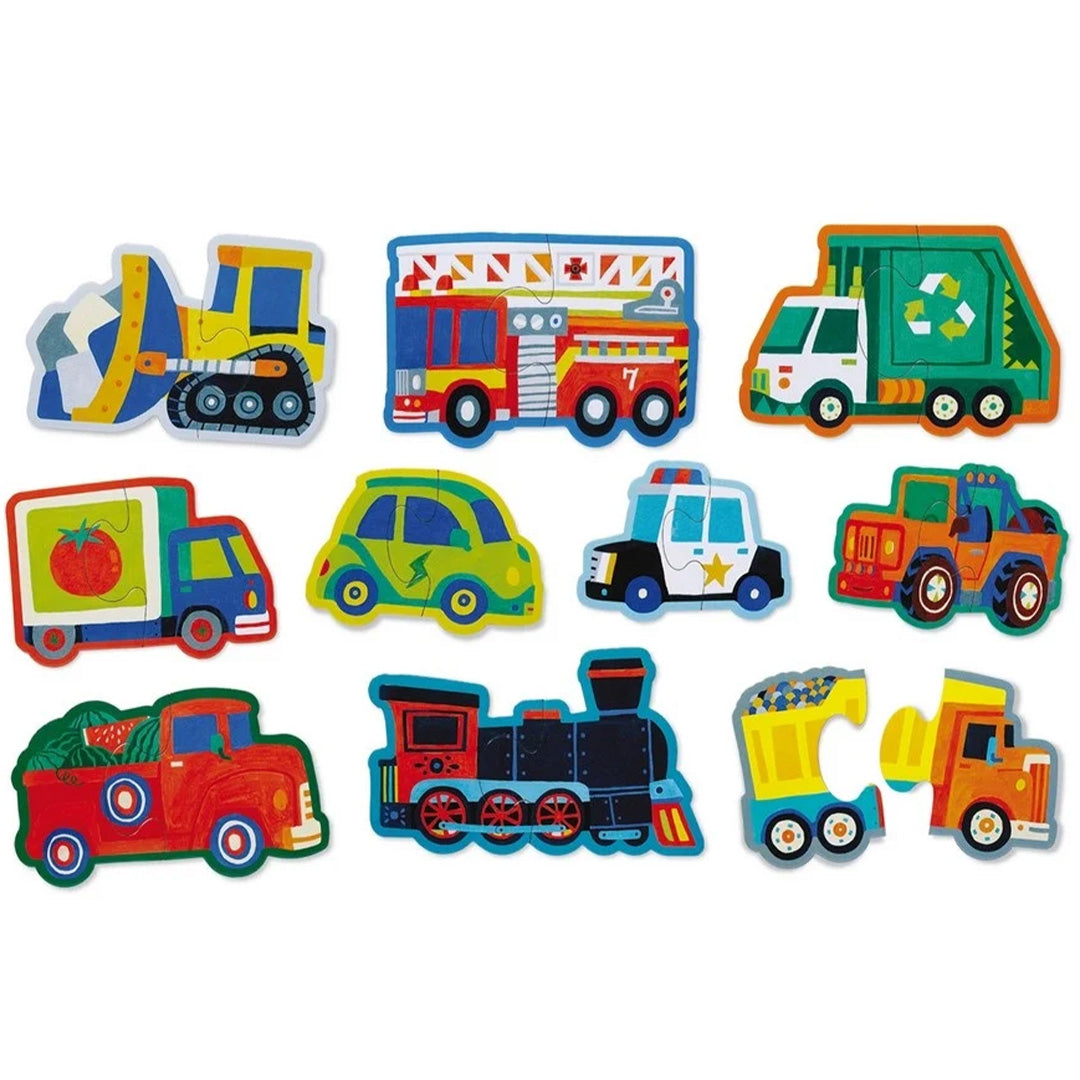 Tien losse tweedelige contourpuzzels van verschillende voertuigen, zoals een bulldozer, brandweerwagen en trein.