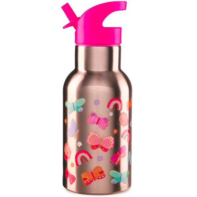 Crocodile Creek roestvrijstalen thermosfles met vlinder- en regenboogpatroon en roze drinktuit.