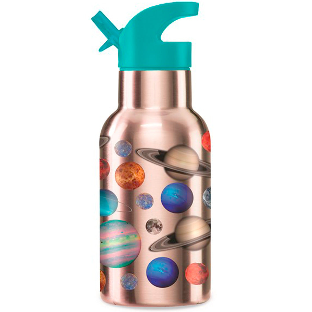 Crocodile Creek rvs thermosfles met planetenprint en turquoise drinktuit.