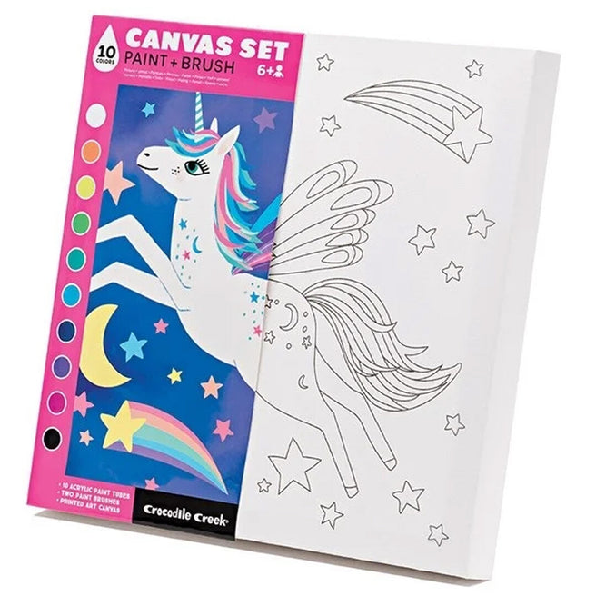 Crocodile Creek canvas set verpakking met een kleurrijke eenhoorn en een blanco canvas met een eenhoorn outline.
