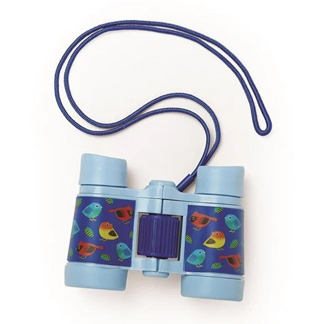 Crocodile Creek blauwe plastic verrekijker met vogelpatroon en blauw koord.