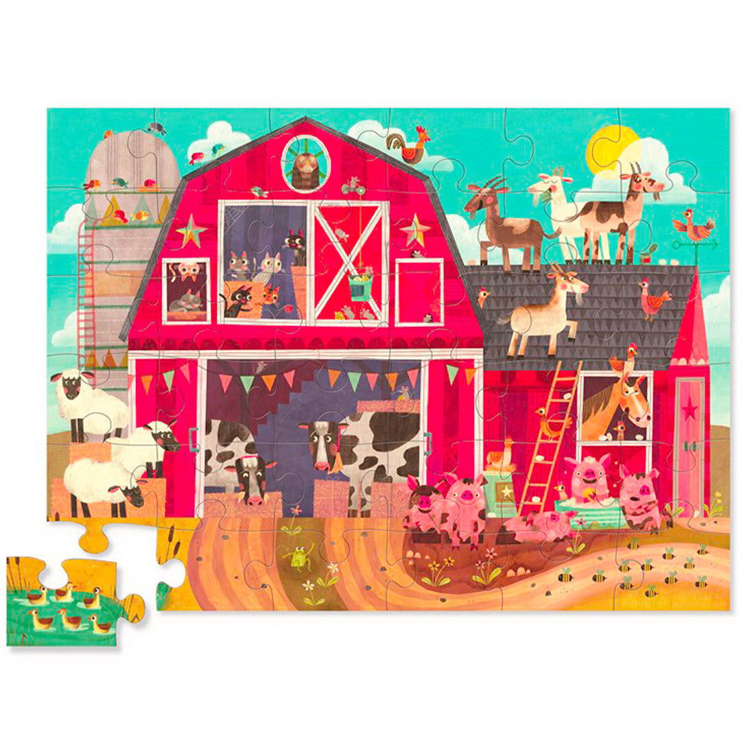 De complete vloerpuzzel met een illustratie van een boerderij vol boerderijdieren.
