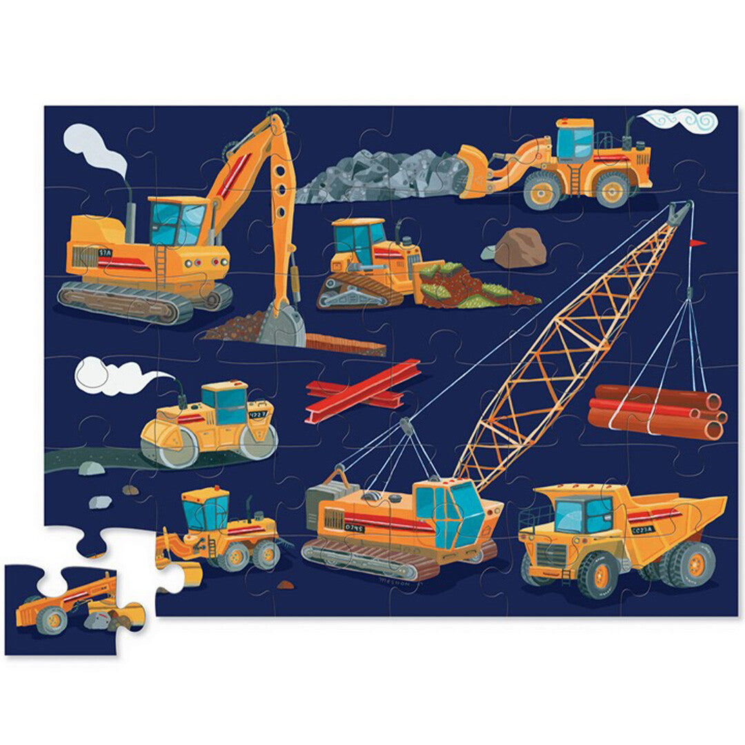De complete Crocodile Creek vloerpuzzel met diverse bouwvoertuigen op een donkerblauwe achtergrond.