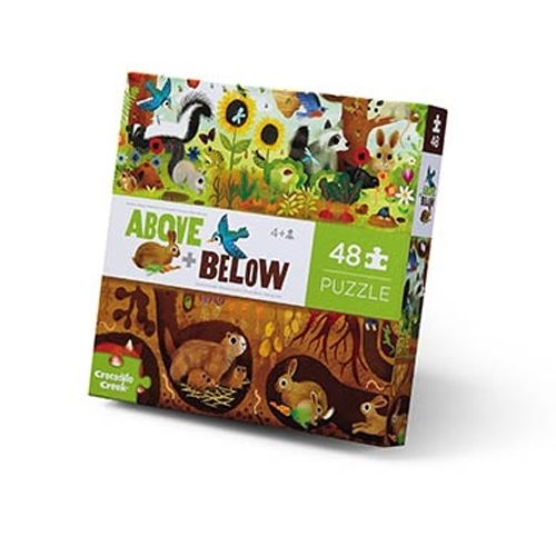Crocodile Creek vloerpuzzel 'Boven en Beneden - Bos' verpakking met een illustratie van dieren boven en onder de grond.