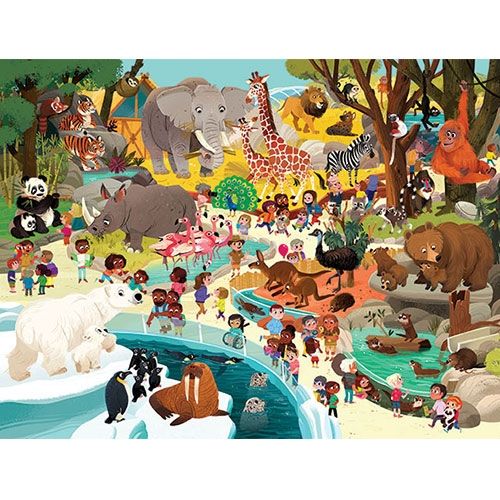 Voltooide vloerpuzzel met een drukke dierentuinscène vol diverse dieren en mensen.