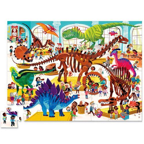 Een voltooide legpuzzel van een museum vol dinosaurussen en kinderen.