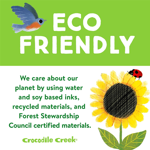 Infographic van Crocodile Creek over eco-vriendelijke materialen met de tekst 'ECO FRIENDLY' en een zonnebloem.