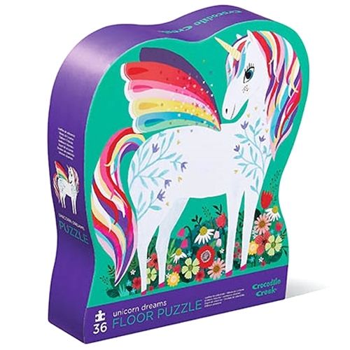 Crocodile Creek vloerpuzzel eenhoorns verpakking met een witte eenhoorn met regenboogmanen en -vleugels.