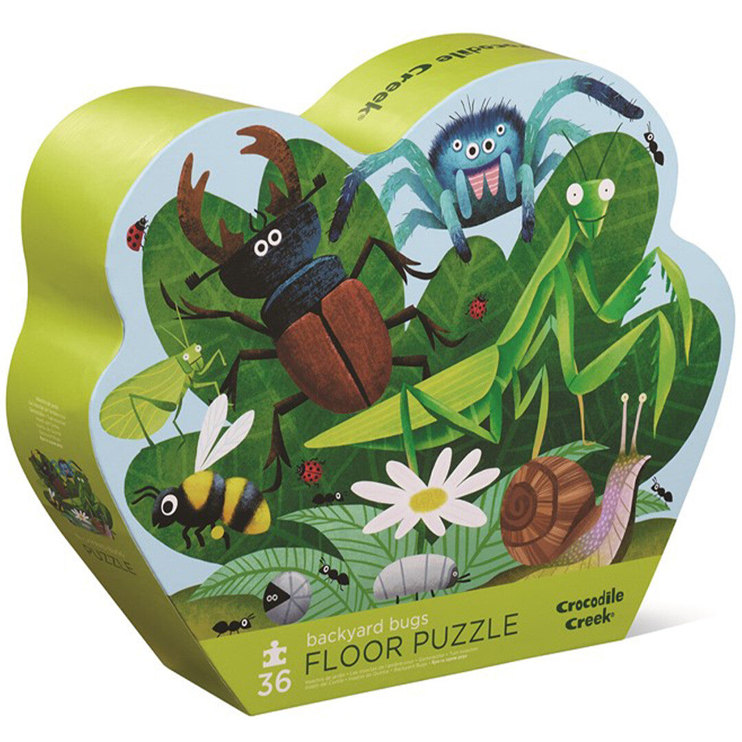 Crocodile Creek vloerpuzzel insecten in hartvormige verpakking met kleurrijke illustratie van diverse insecten.