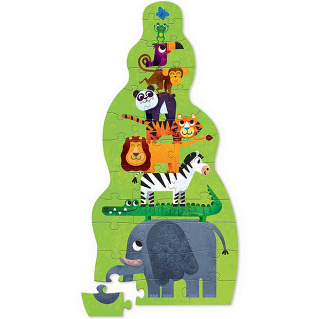 Crocodile Creek contour vloerpuzzel met een toren van jungle dieren, waaronder een olifant, zebra en leeuw.