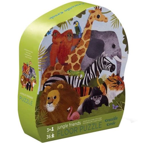 Crocodile Creek vloerpuzzel 'Jungle Vrienden' verpakking met een illustratie van diverse jungledieren.