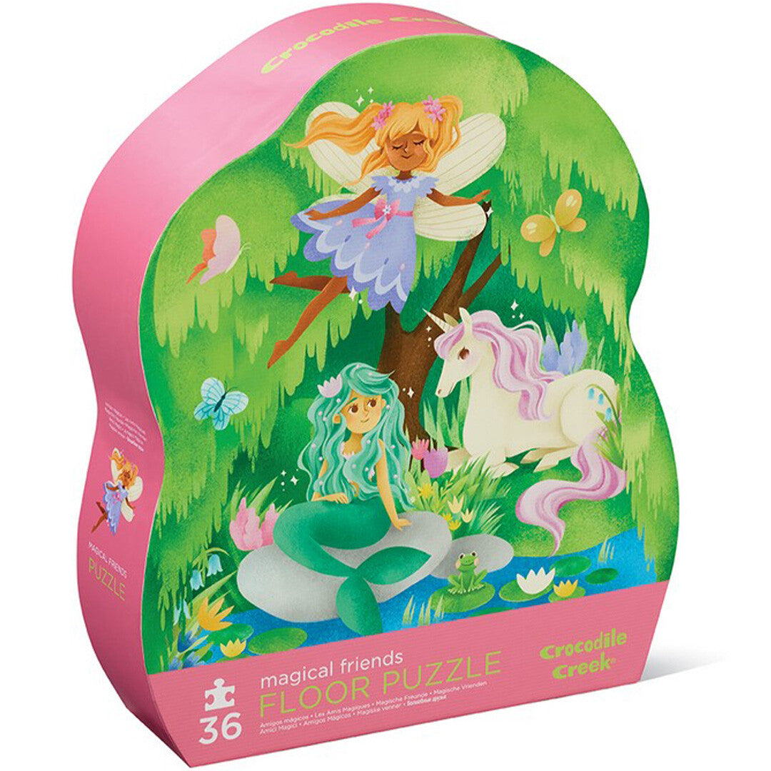Schuine weergave van de Crocodile Creek vloerpuzzel verpakking met een illustratie van een fee, zeemeermin en eenhoorn.