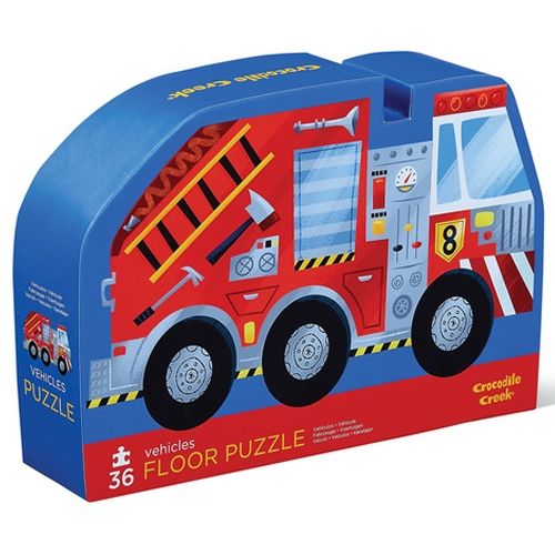 Crocodile Creek vloerpuzzel voertuigen verpakking in de vorm van een rode brandweerwagen.