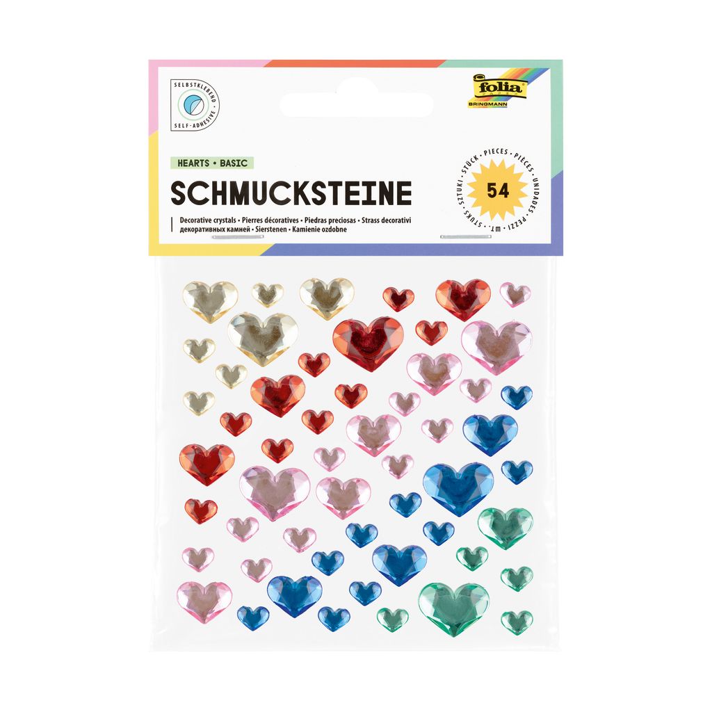 Verpakking van Folia decoratieve 3D-stickers met veelkleurige kristallen hartjes.