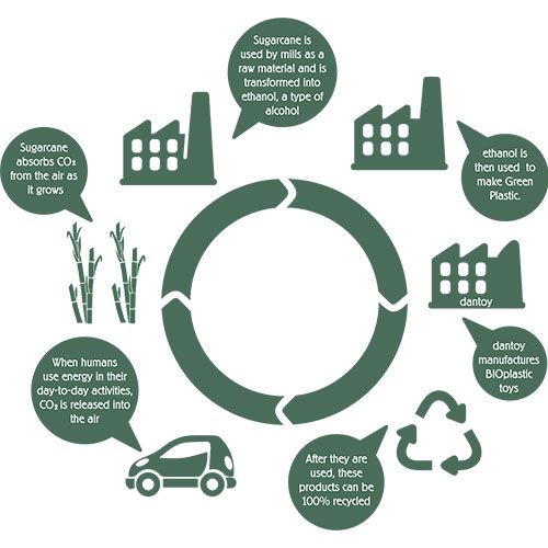 Infographic over het circulaire proces van dantoy bioplastic speelgoed, van suikerriet tot recycling.