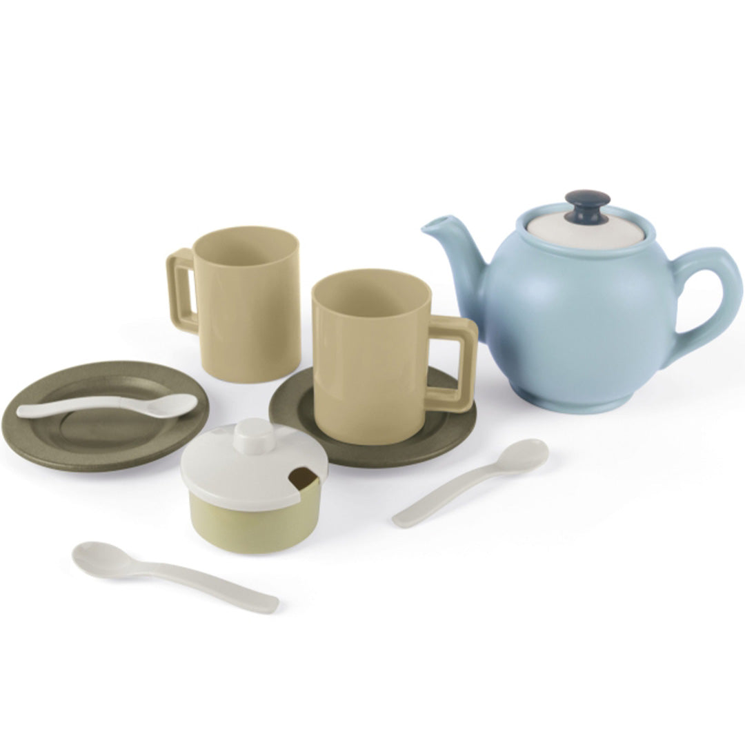 dantoy speelgoed theeservies met een lichtblauwe theepot, twee beige kopjes, schotels, een suikerpot en lepels.