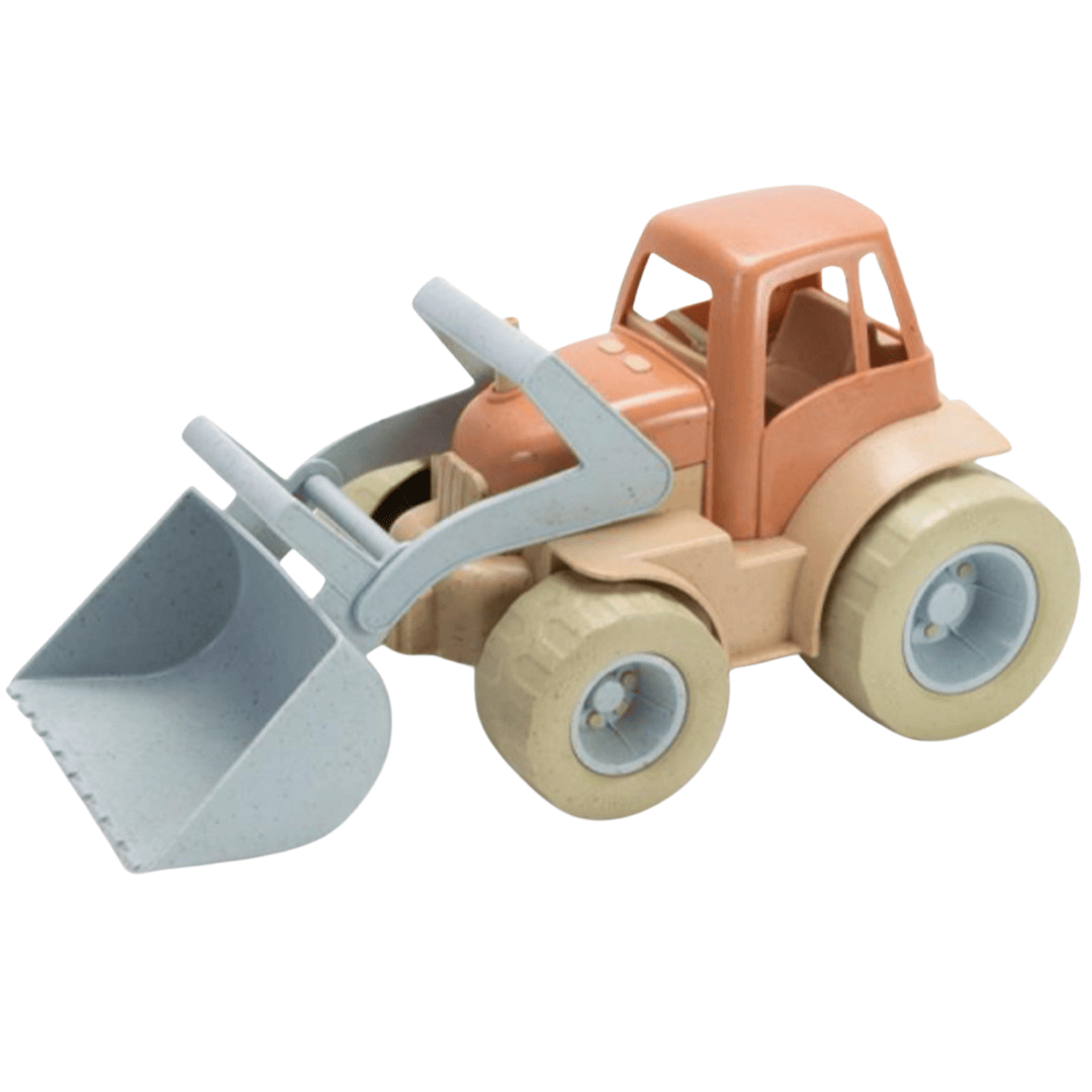 dantoy speelgoedtractor met oranjebruine cabine en lichtblauwe schep.