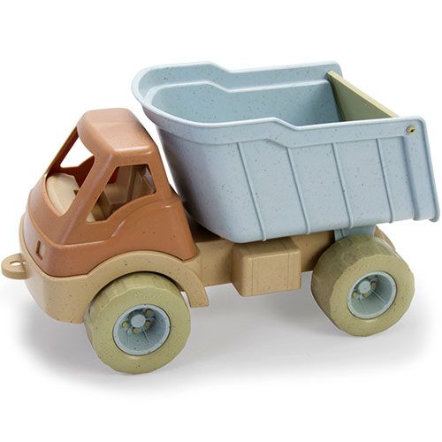 dantoy speelgoedvrachtwagen met lichtblauwe kiepbak, bruine cabine en beige onderstel.