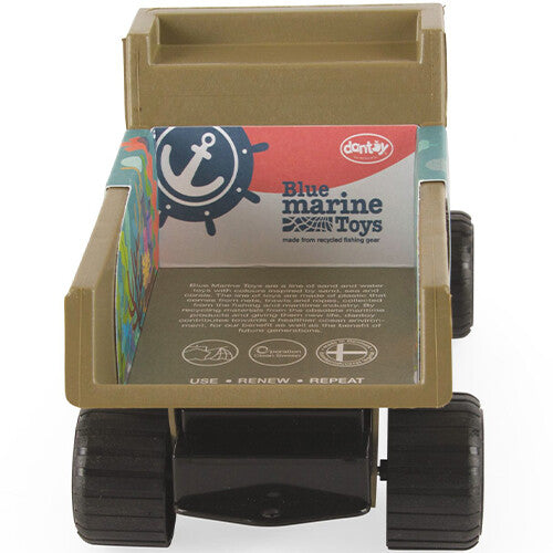 De achterkant van een dantoy plastic kiepwagen met verpakking die productinformatie toont.