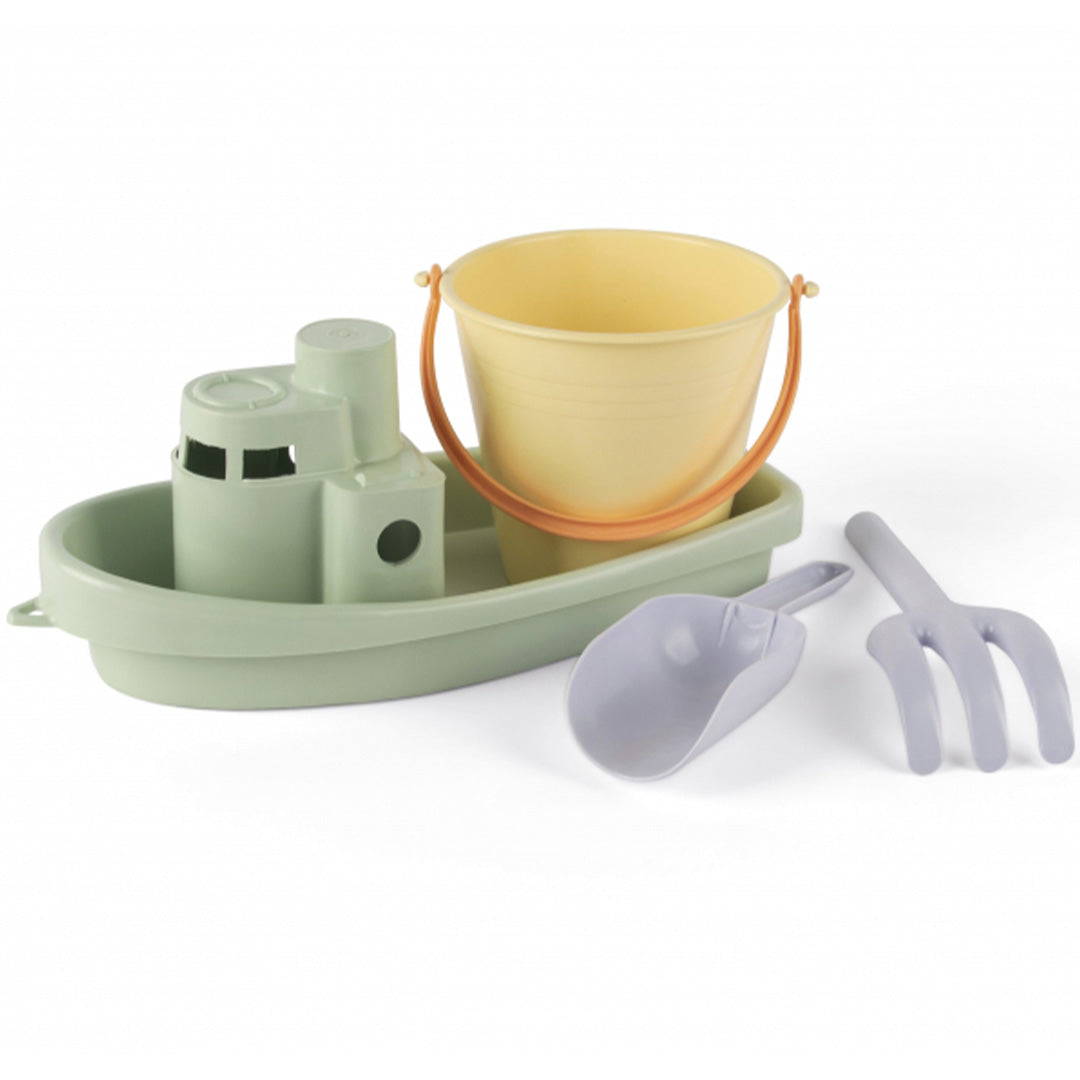 Dantoy 4-delige zandset met groene boot, gele emmer, grijze schep en hark.