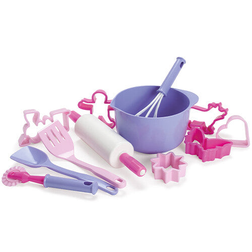 Dantoy speelgoed bakset met roze en paarse plastic kookgerei en uitsteekvormpjes.