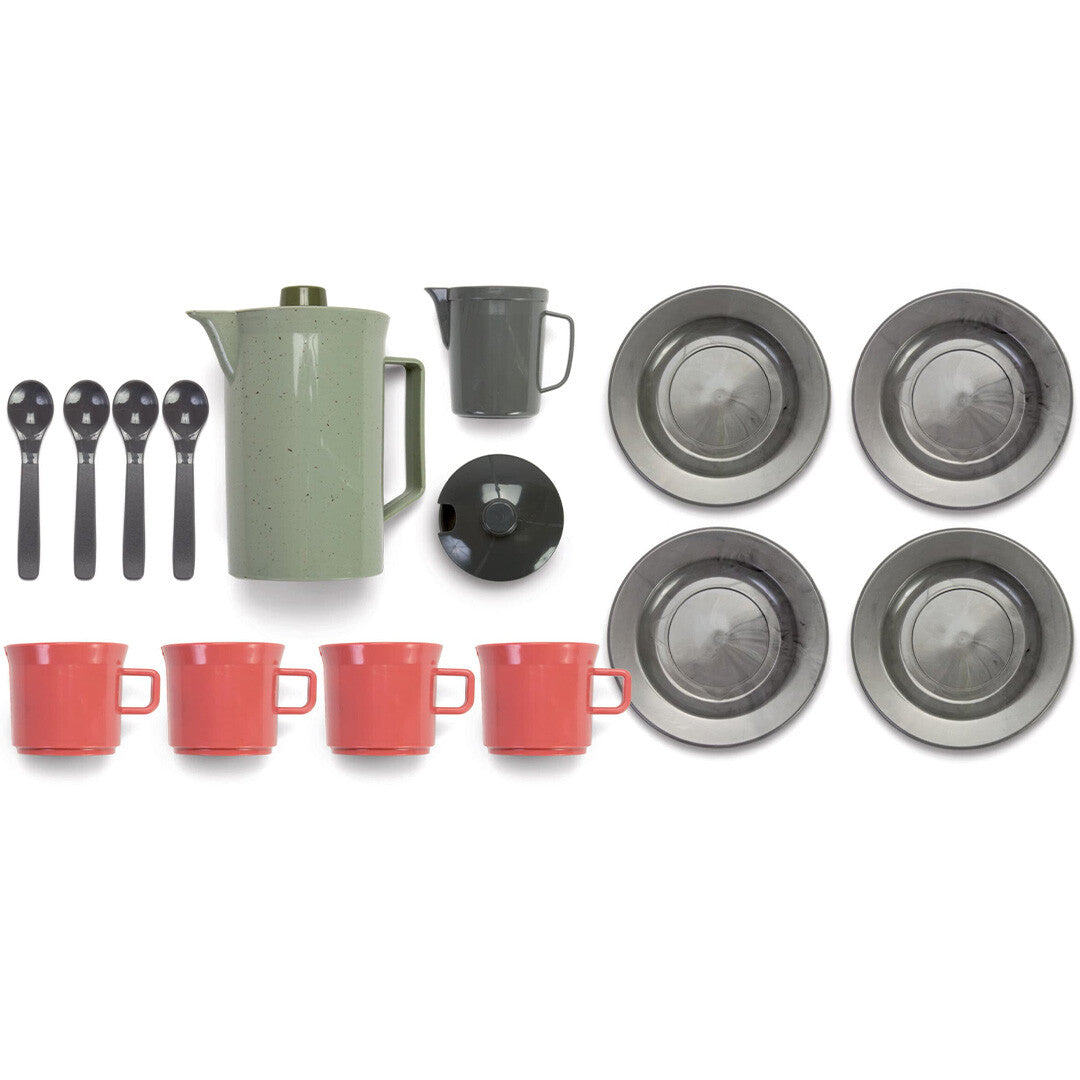De losse onderdelen van de dantoy plastic speelgoed koffieset, van bovenaf gezien.