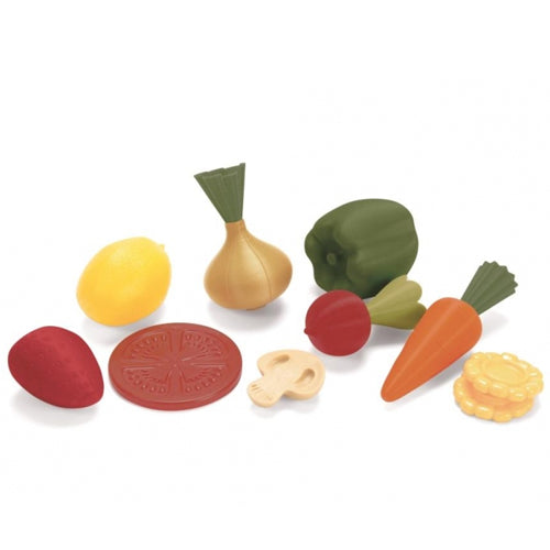 Dantoy speelgoedset met diverse plastic groenten en fruit, waaronder een citroen, ui, paprika en wortel.