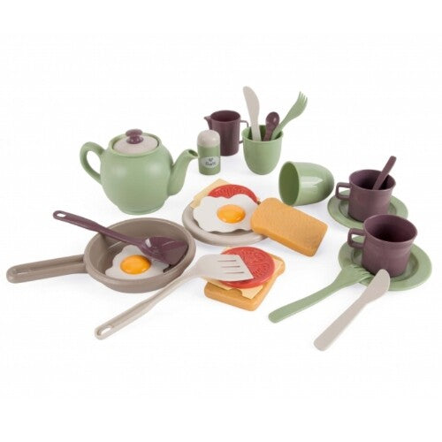 Dantoy speelgoed ontbijtset met theepot, kopjes, borden, bestek en speelgoedvoedsel zoals gebakken eieren en toast.