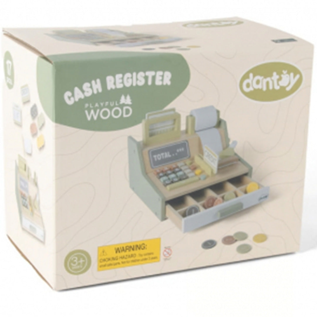 De productverpakking van de dantoy houten kassa, met een afbeelding van de kassa en het merklogo.