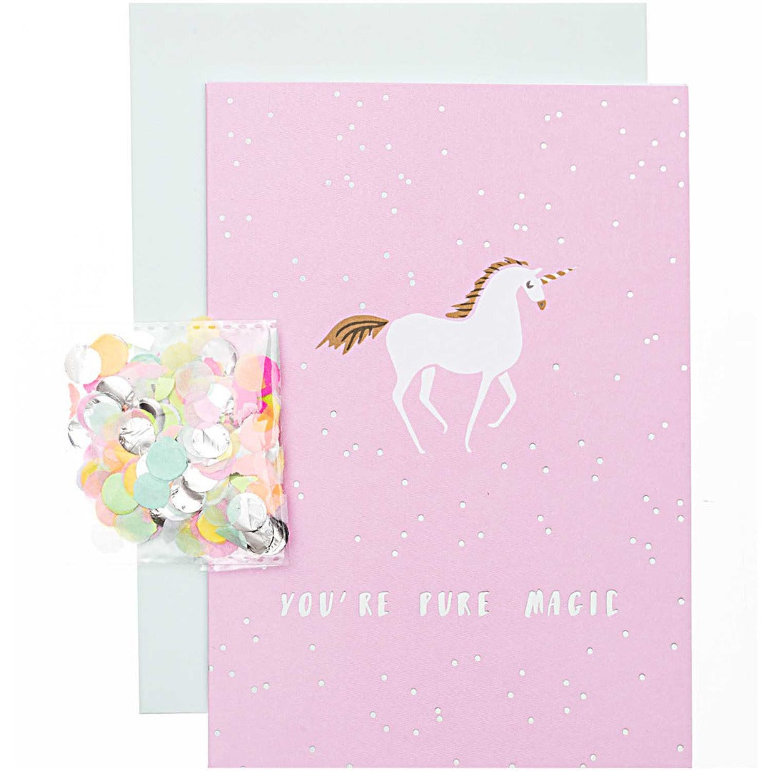 Rico Design DIY wenskaart met eenhoorn, tekst "YOU'RE PURE MAGIC" en een zakje confetti.