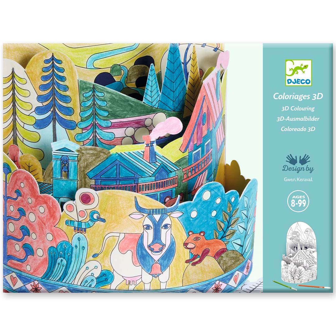 Djeco 3D kleurplaat van een berglandschap met dieren, deels gekleurd, naast de productverpakking.