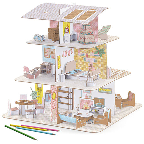 Djeco 3D kartonnen poppenhuis met drie verdiepingen en meubilair, deels ingekleurd, met kleurpotloden.