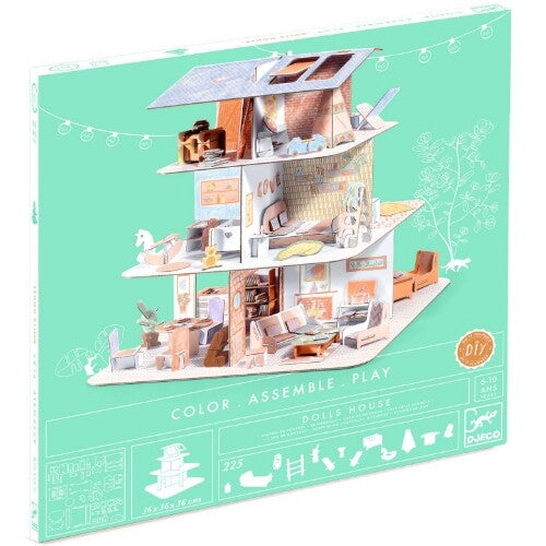 Verpakking van het Djeco 3D kartonnen poppenhuis met de tekst 'COLOR ASSEMBLE PLAY'.