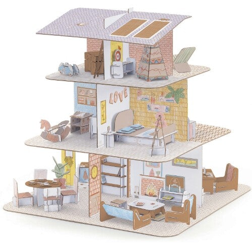Djeco 3D kartonnen poppenhuis met drie verdiepingen en gekleurd meubilair.