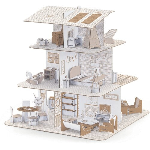 Djeco 3D kartonnen poppenhuis met drie verdiepingen en meubilair, oningekleurd.