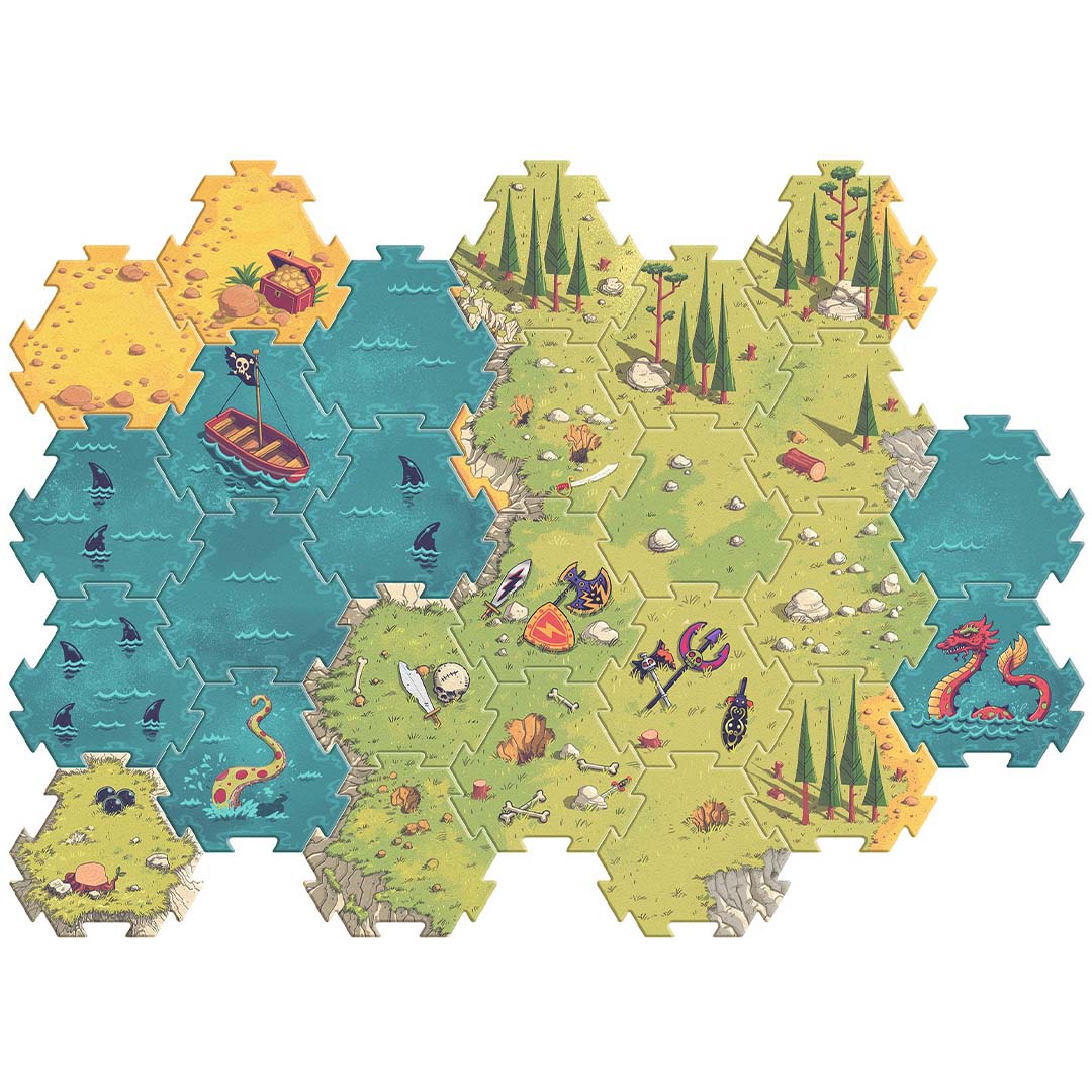 Bovenaanzicht van de volledig gelegde Djeco Arty Toys reuze puzzel met een battle-landschap van land en water.