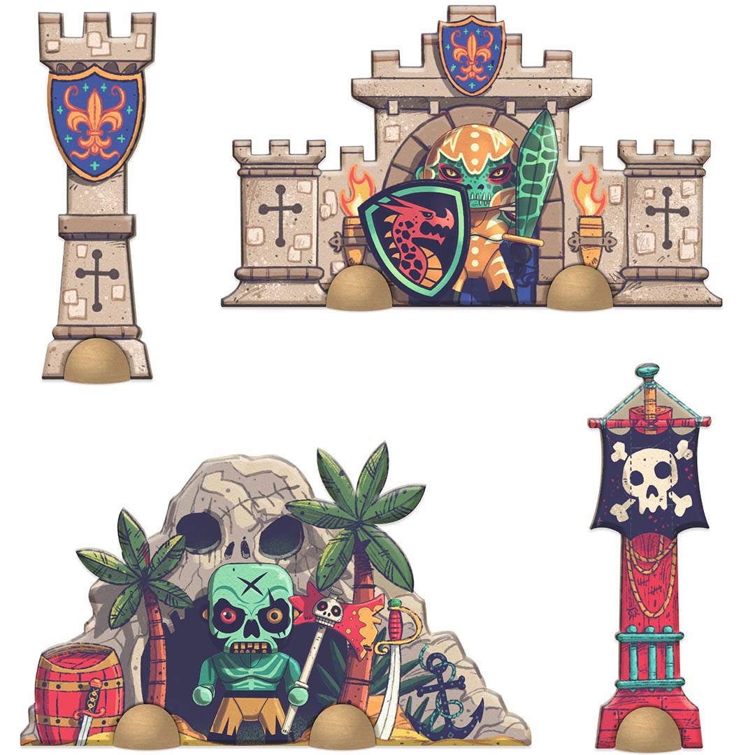 Collectie van de losse houten speelfiguren en elementen van de Djeco Arty Toys reuze puzzel, waaronder een kasteel en een pirateneiland.