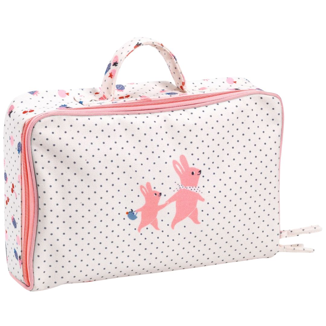 Djeco poppenkoffer met een wit stippenpatroon en roze rits, versierd met twee roze konijntjes.