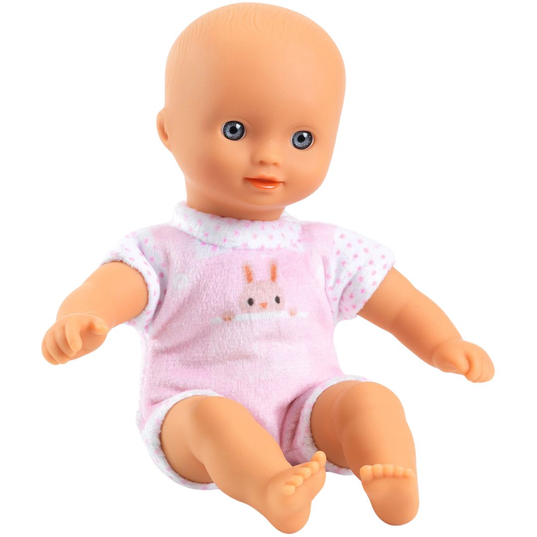 Djeco babypop Mini Poppy in roze pakje met konijn, zittend op een witte achtergrond.