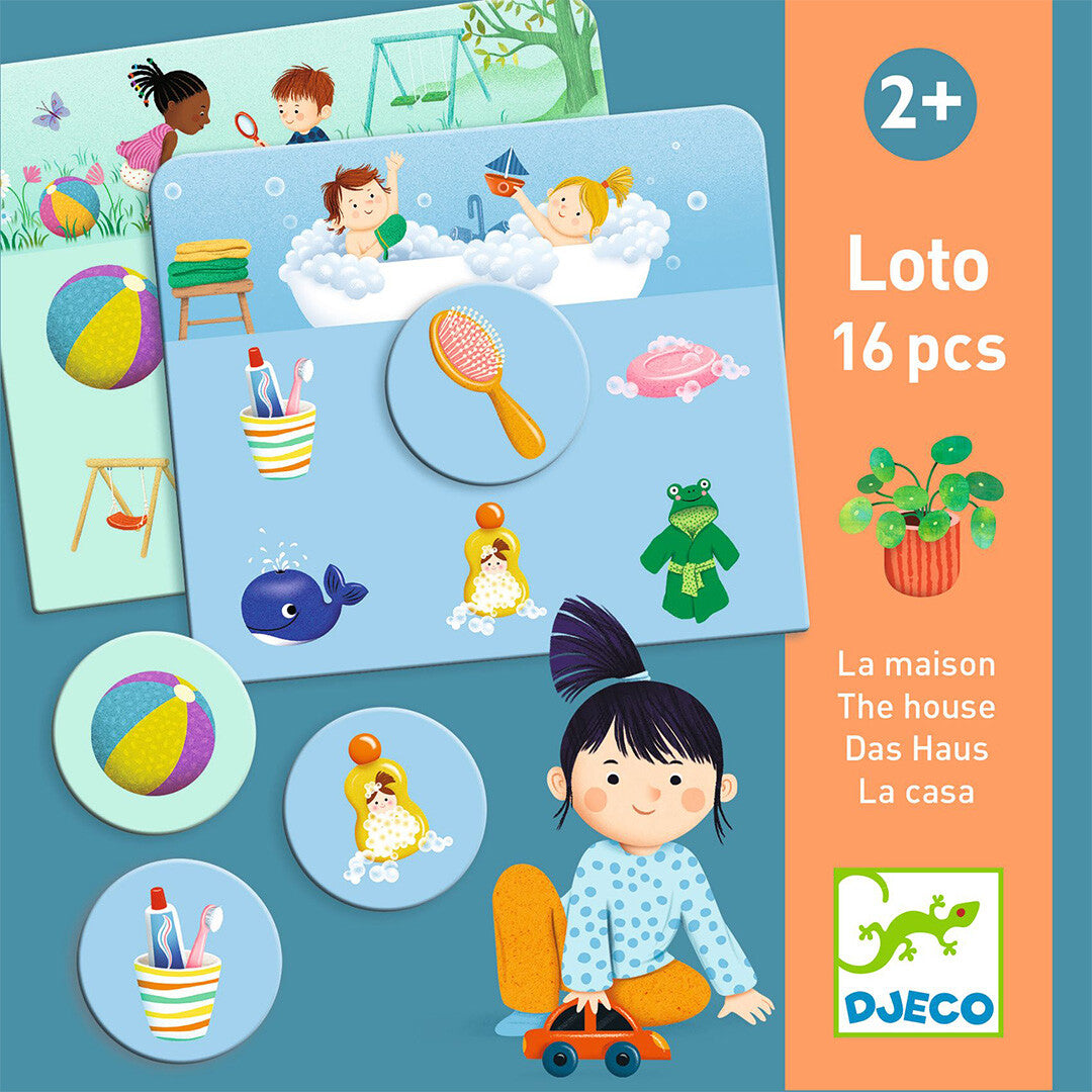 Djeco Loto bingospel demonstratie van meerdere speelborden met binnen- en buitenscènes en diverse fiches.