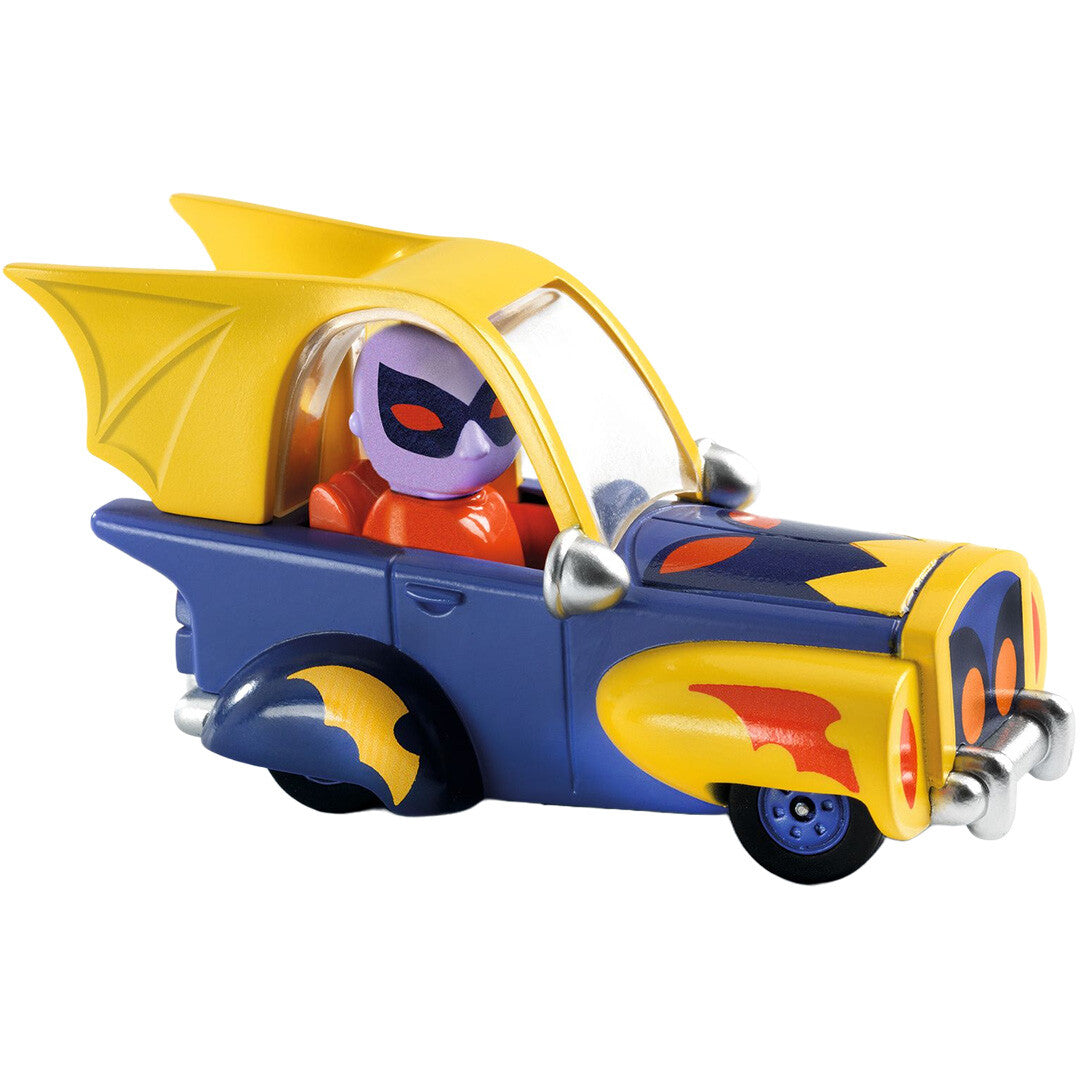 Djeco Crazy Motors Dingo Mobile speelgoedauto met een paars figuur en vleugels.