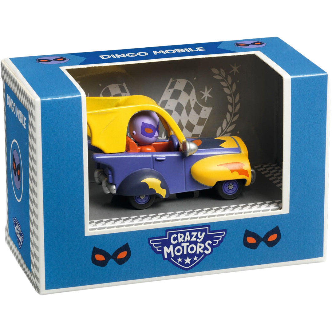 Djeco Crazy Motors Dingo Mobile speelgoedauto in de blauwe en witte verpakking.