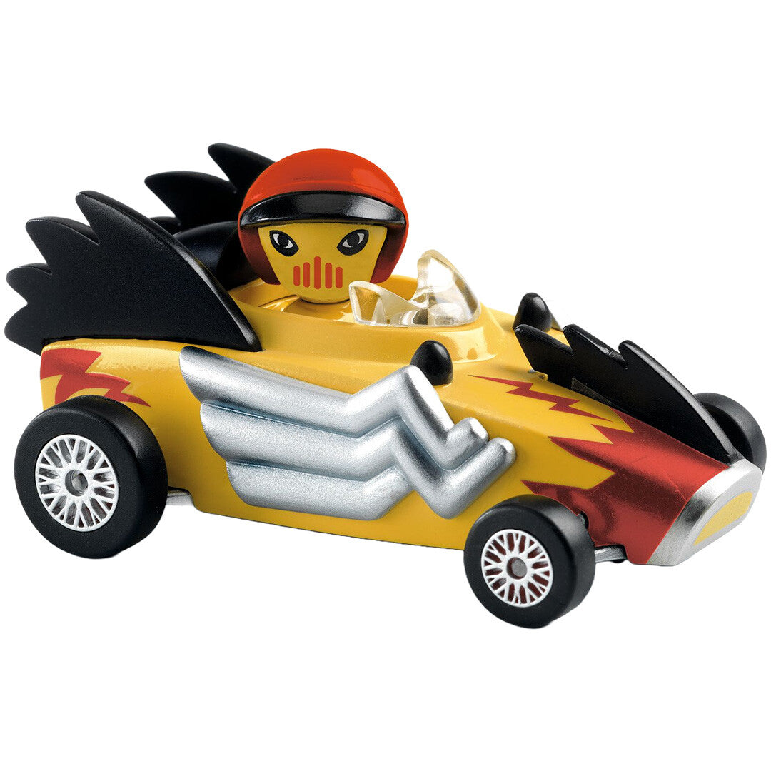 Djeco Crazy Motors speelgoedauto Electro Choc, een gele racewagen met zwarte vleugels en een coureur.