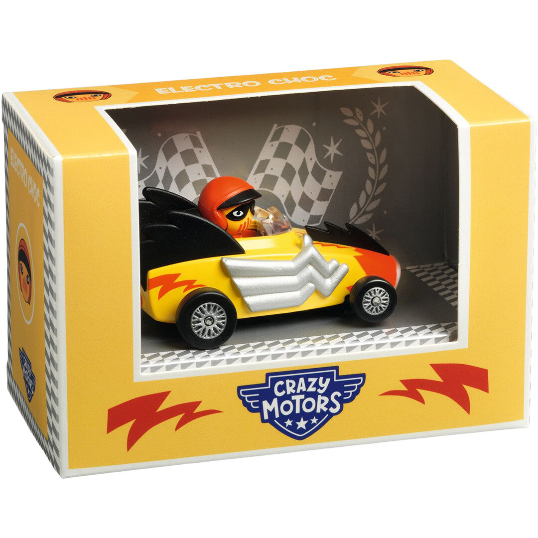 De Djeco Crazy Motors speelgoedauto Electro Choc in de gele productverpakking.