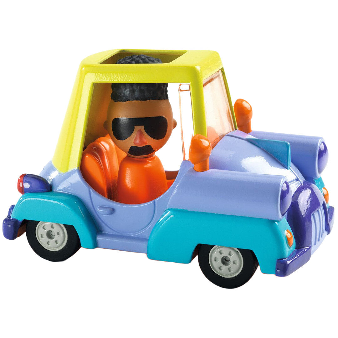 Djeco speelgoedauto Funky Bolide met bestuurder met zonnebril.