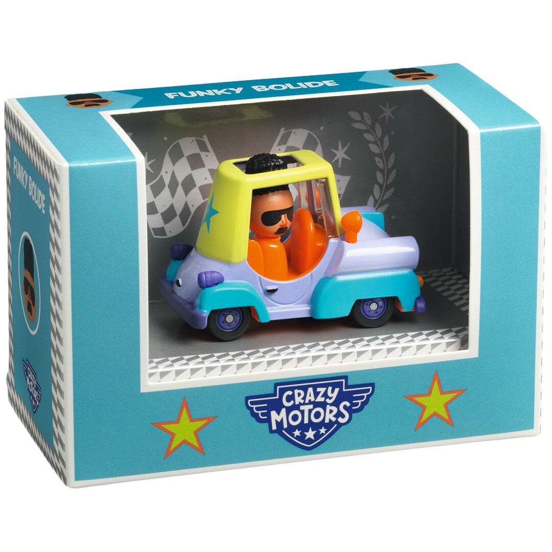Djeco speelgoedauto Funky Bolide in de Crazy Motors verpakking.