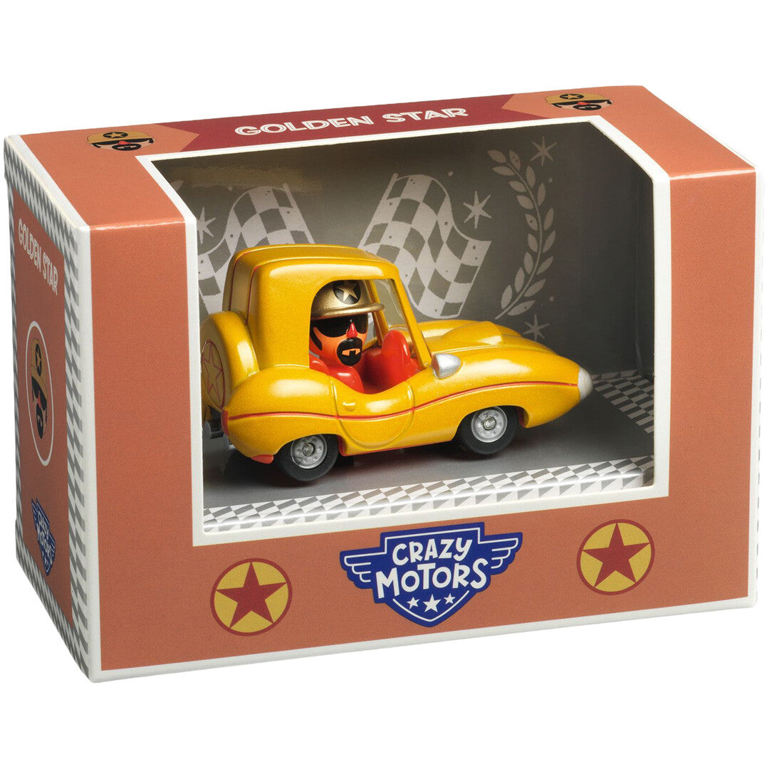 Djeco Golden Star speelgoedauto in de oranje productverpakking met Crazy Motors logo.