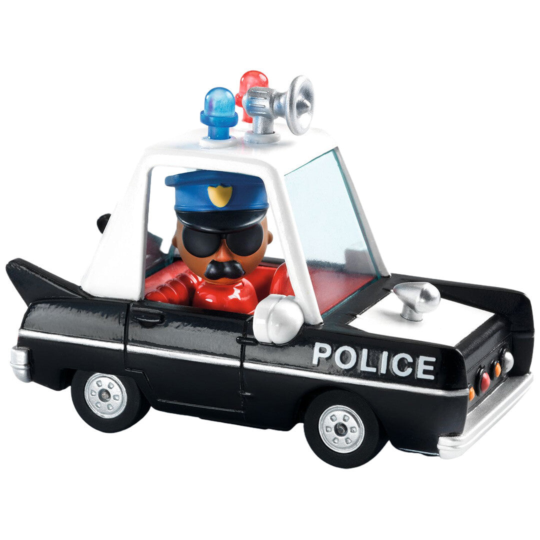 Djeco speelgoedauto 'Hurry Police' met een politieagent figuur erin.